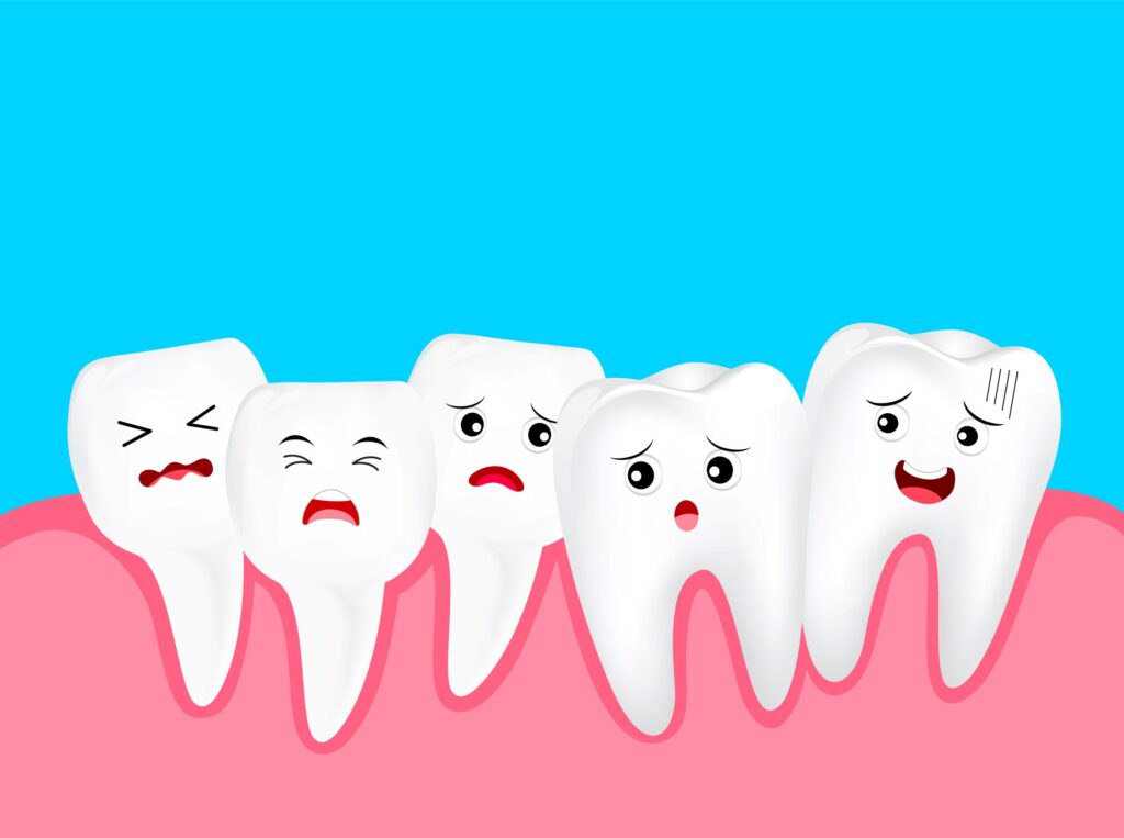 5 animated teeth looking unhappy about being overcrowded with a blue background